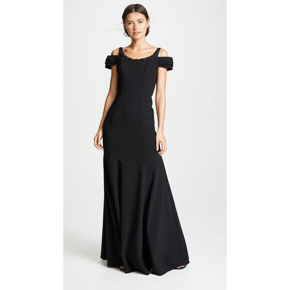 New! MARCHESA NOTTE Women's Beaded Neckline Cold-Shoulder Black Gown Dress 14 - Picture 7 of 13